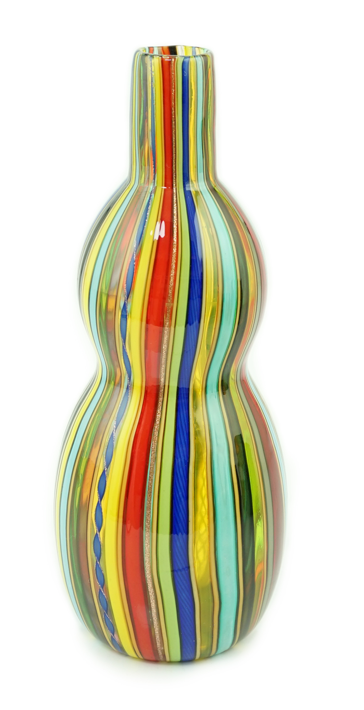 Vittorio Ferro (1932-2012) A Murano glass Murrine vase, double gourd shaped, with vertical polychrome canes, signed, 27cms, Please note this lot attracts an additional import tax of 20% on the hammer price